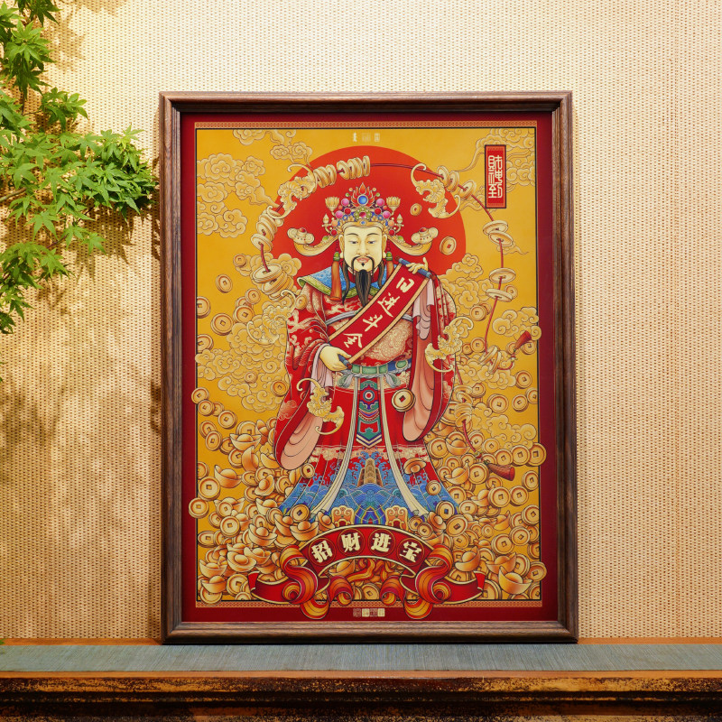 财神爷铜挂画中式别墅墙面背景装饰画招财铜画玄关中堂办公室壁画