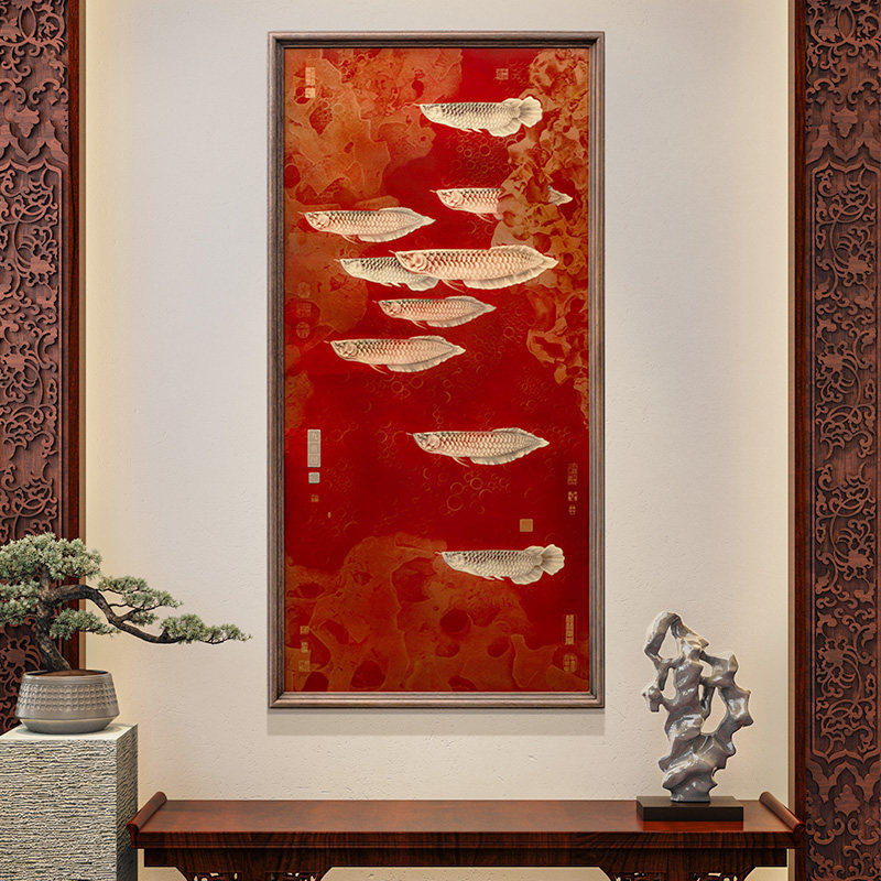 入户玄关大尺寸挂画装饰画新中式竖版背景墙手工铜画沙发现代壁画_虎窝淘