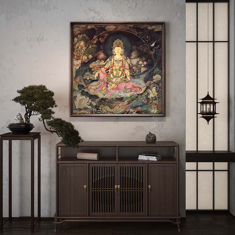 新中式水月观音画像铜挂画客厅玄关装饰画中堂禅意佛像画乔迁礼物