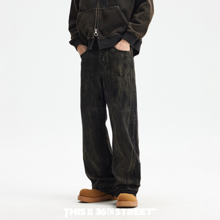 美式复古做旧脏洗黑色牛仔裤男宽松潮牌设计感裤脚散口直筒休闲裤