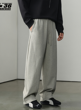 日系重磅弯刀裤男宽松冬季新款灰色加绒运动卫裤阔腿直筒休闲裤子