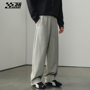 阔腿直筒休闲裤 日系重磅弯刀裤 灰色加绒运动卫裤 新款 子 男宽松冬季