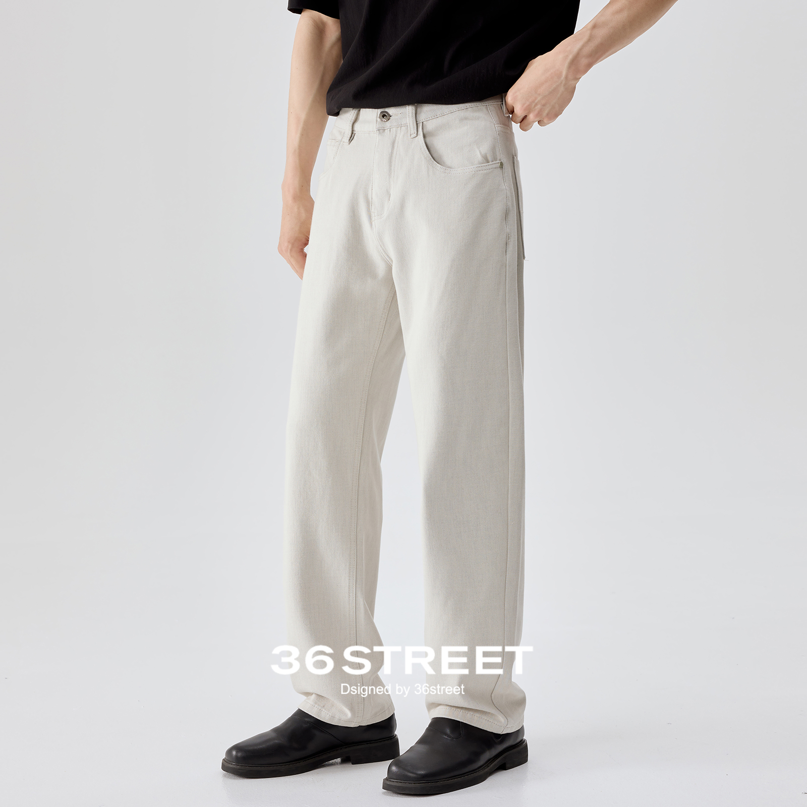 三十六街高定四面弹米白色牛仔裤