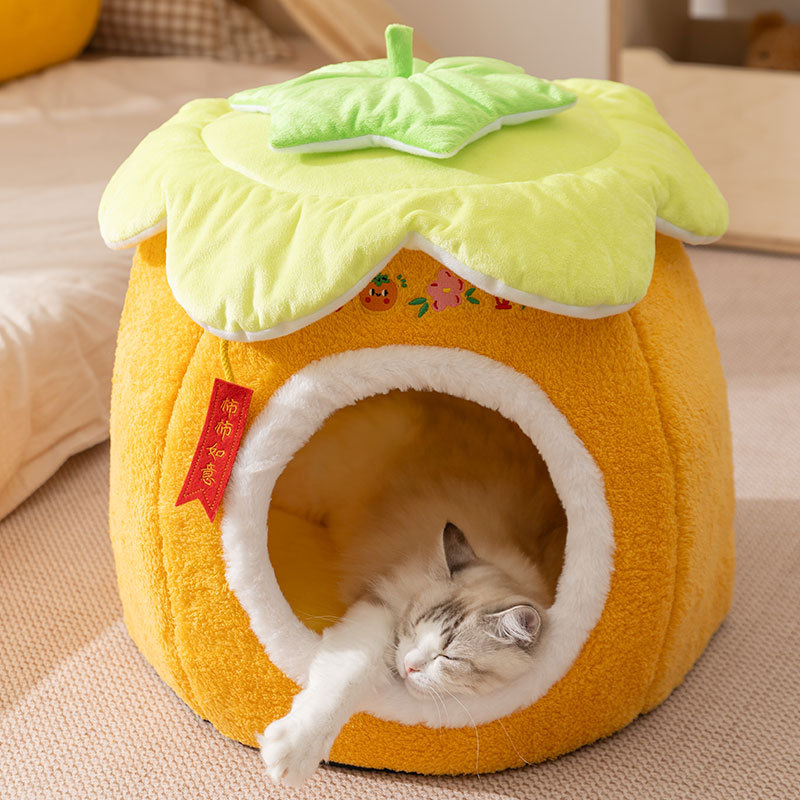 日本进口宠物窝冬季保暖加厚柿子凳子窝封闭式万圣节猫咪睡觉猫窝