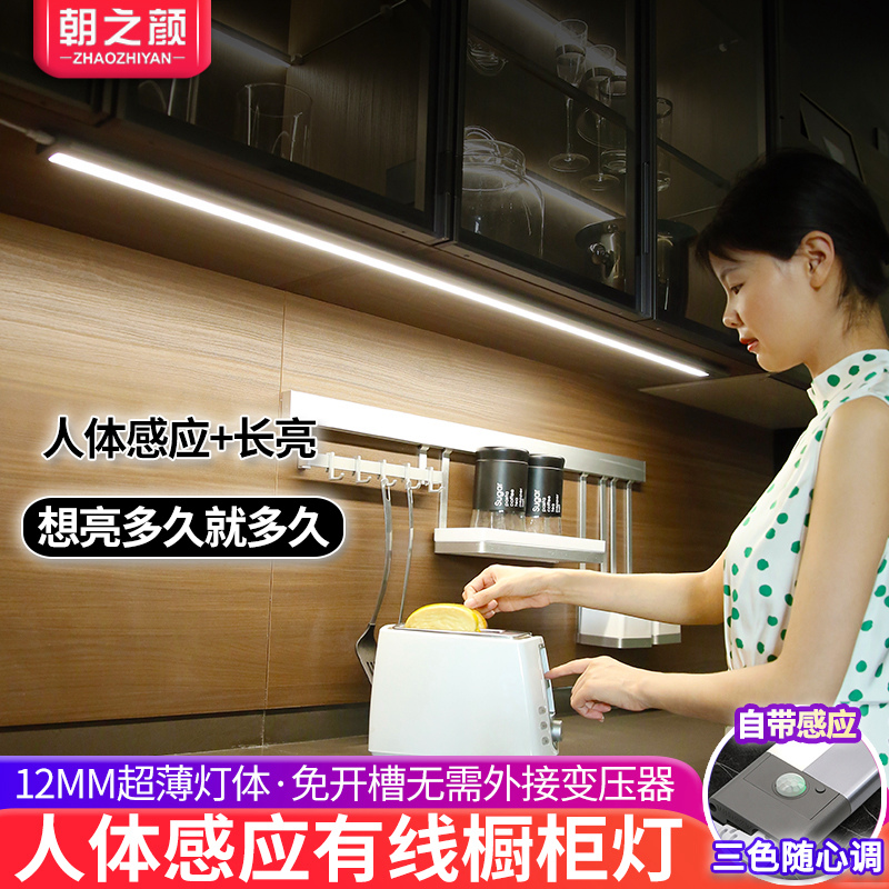 人体感应橱柜灯led柜底灯v条有线衣柜鞋柜灯220V长条厨房超薄灯带
