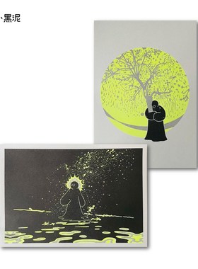 小黑泥闪烁金光金色树x荧光黄色版画专色印刷生日礼物装饰画