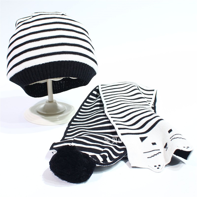 婴儿帽子围巾套装宝宝秋冬季针织帽男童女童黑白条纹套Z头帽毛线