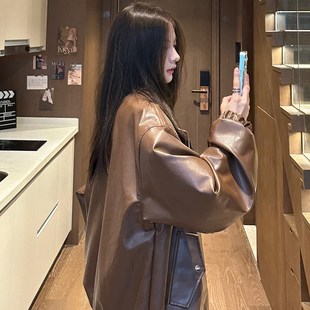 美式复古高级感男女款机车皮衣2024新款春秋季防风翻领皮夹克外套