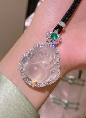 新中式国风绿顶天然高冰白玉髓佛公吊坠项链女925银配黑绳可调节