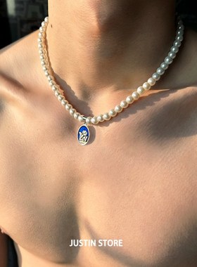 珍珠项链男高级感轻奢小众锁骨链复古风做旧蓝T釉宫廷情侣款配饰