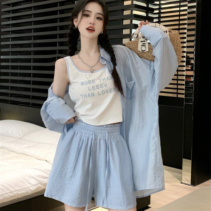 辣妈外出哺乳时尚套装宽s松防晒衬衫背心休闲裤子产后喂奶三件套