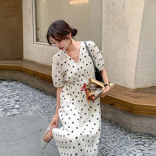 2025夏季孕妇新款法式复古波点连衣裙女收腰显瘦气质V领长裙子潮