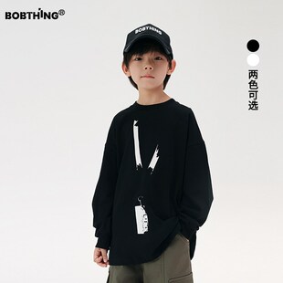 儿童个性工牌印i花长袖T恤潮酷上衣男童春秋款套头打底衫童装男孩