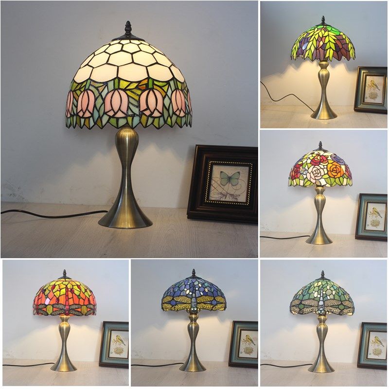 新款卧室床头台灯复古美式斗柜装饰灯彩色玻璃温馨民国风餐厅台灯