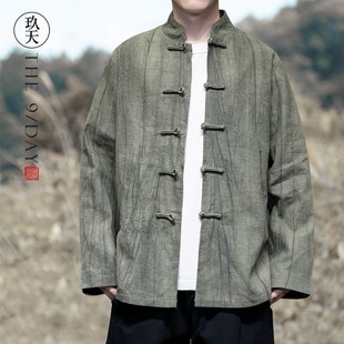 亞麻褶皺中式 春季 復(fù)古盤(pán)扣唐裝 襯Q衫 中國(guó)風(fēng)男裝 漢服寬松休閑外套