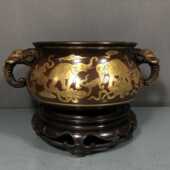 17公分6.4公斤太平有象套炉摆件 老件紫铜雕花鎏金宣德款 高15