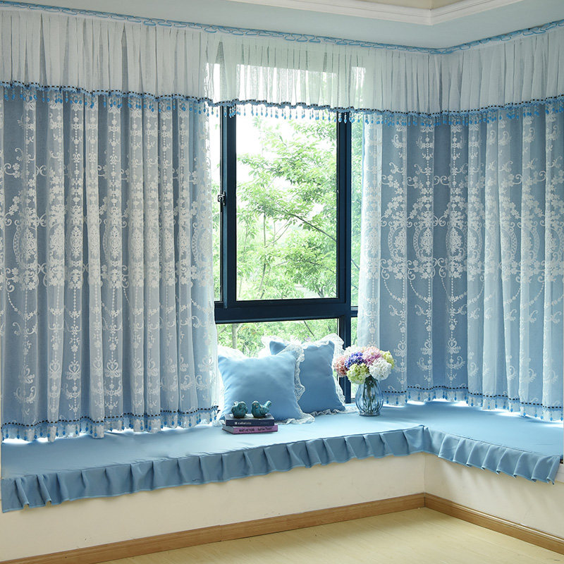欧式现代简约飘窗双层全遮光卧室客厅落地窗遮阳隔热蓝色窗帘纱帘