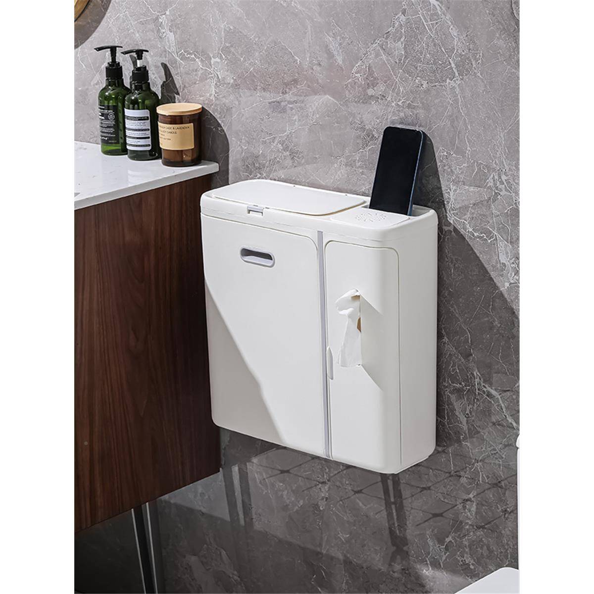 QSO多圾功垃桶带盖卫生间厕缝所壁挂式免打孔夹小号网能红垃圾筒