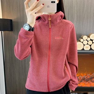 户外抓绒衣女款连帽摇粒绒开衫运动休闲宽松大码卫衣加绒保暖外套
