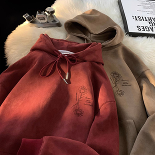 外套 情侣装 特大码 300斤重磅休闲玫瑰印花连帽卫衣男女秋冬加绒款