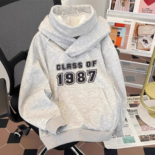 特大码300斤1987印花连帽卫衣男女秋冬新款i人社恐高领情侣上衣服