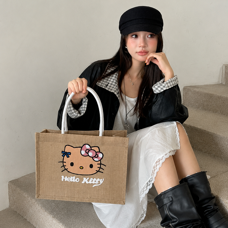 Hello Kitty卡通帆布包女手提包大容量托特包时尚外出棉麻手腕包