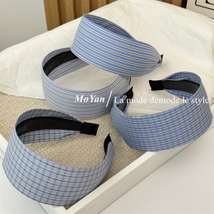 韩系宽版带齿防滑头箍女蓝色系格子条纹发箍时尚百搭外出压发发卡