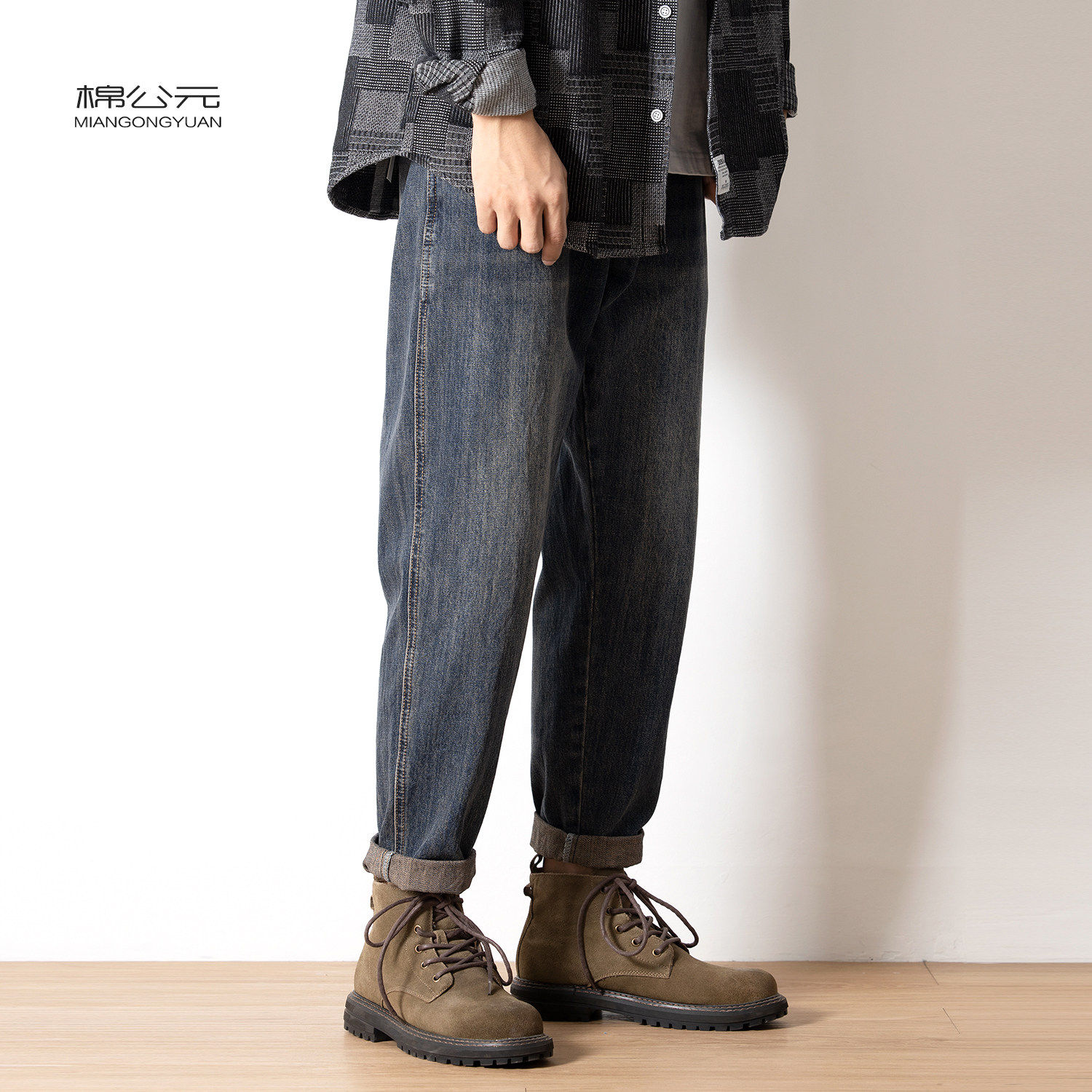棉公元2025秋冬哈伦牛仔裤男宽松复古做旧加绒加厚锥形休闲长裤潮