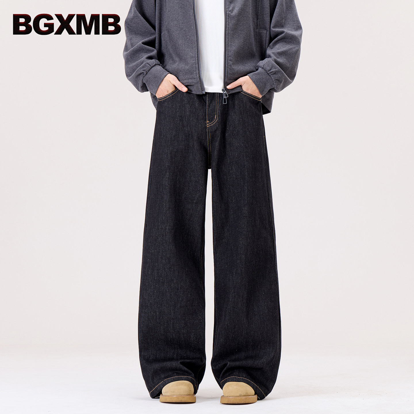 BGXMB 新款原牛黑复古怀旧宽松直筒裤男老钱风阔腿牛仔长裤子图片