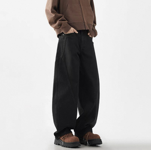 马牛仔裤男士秋冬加绒潮牌美式复古拼接重工垂感百搭弯刀裤