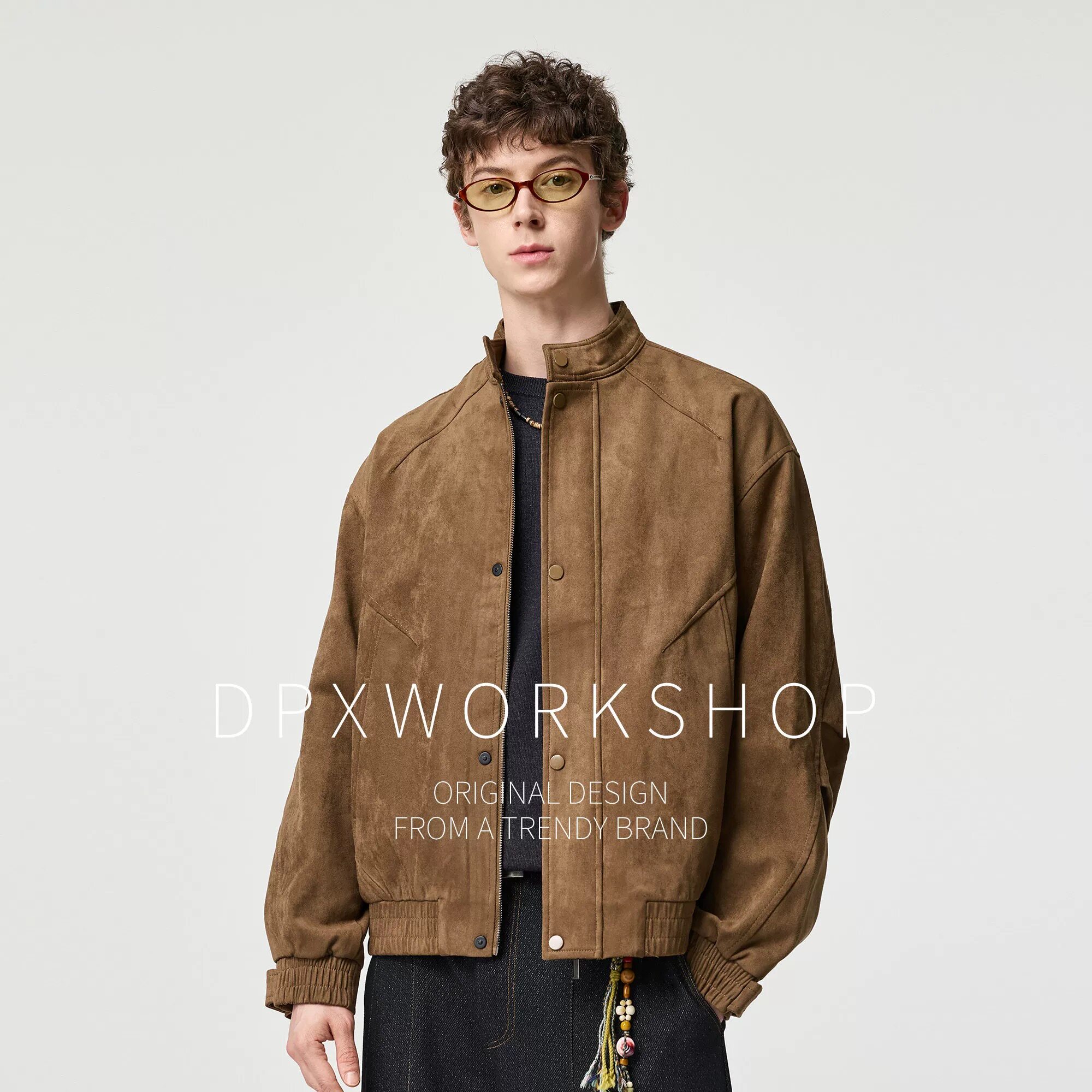 DPX美式复古仿麂皮绒男夹克秋款立领宽松痞帅松弛感男装上衣外套