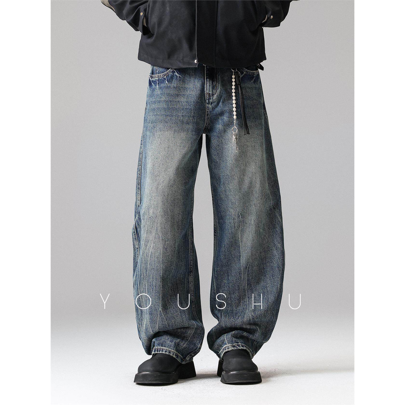 美式潮牌做旧牛仔裤男款直筒2025爆款新款冬季加绒阔腿裤子