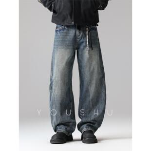美式潮牌做旧牛仔裤男款直筒2025爆款新款冬季加绒阔腿裤子