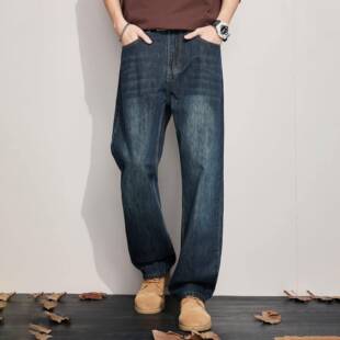 马秋冬新款牛仔裤男潮牌美式猫须纹重磅加绒复古垂感弯刀裤