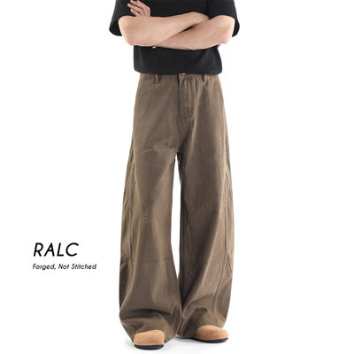 RALC 美式卡其色棕色复古弯刀牛仔裤男女宽松阔腿裤cleanfit长裤