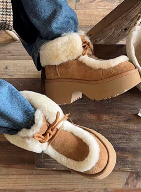 【穿靴子的猫】厚底人鱼跟女加绒加厚保暖毛毛靴系带棉鞋雪地靴