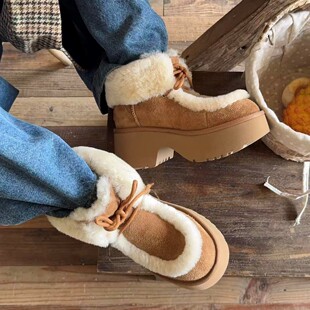 厚底人鱼跟女加绒加厚保暖毛毛靴系带棉鞋 猫 雪地靴 穿靴子