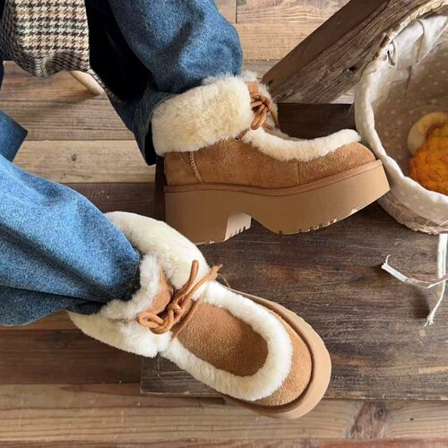 【穿靴子的猫】厚底人鱼跟女加绒加厚保暖毛毛靴系带棉鞋雪地靴