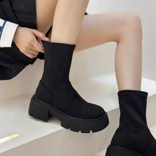 百搭弹力靴女厚底加绒瘦瘦靴圆头显瘦增高时装 猫 靴 穿靴子
