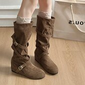 猫 穿靴子 内增高女复古长筒靴交叉带西部靴堆堆皮带骑士靴