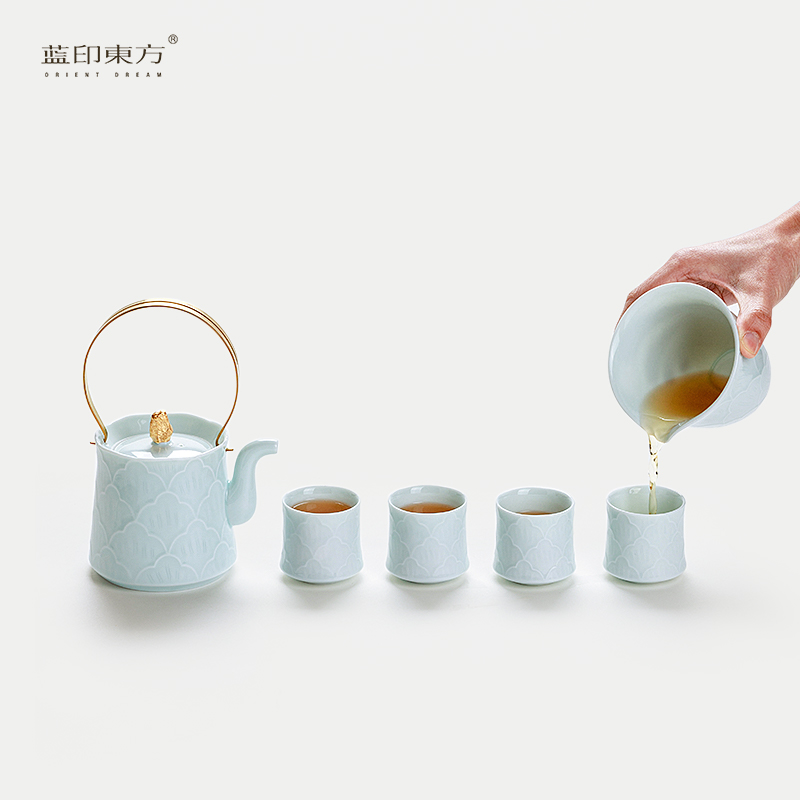 蓝印东方景德镇茶具套组泡茶专用陶瓷中式提梁壶家用茶壶套组送礼
