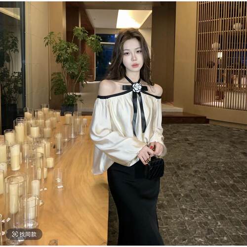 木子李的李夜序芳柔轻奢风露肩挂脖蝴蝶结长袖上衣缎面半裙套装