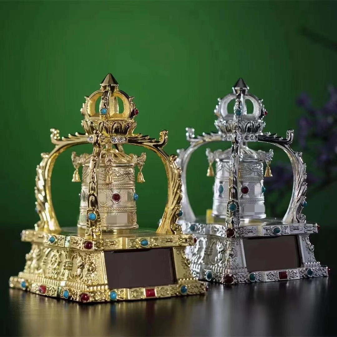 唐多扩罗车载太阳能转金轮电池汽车摆件转金筒桶创意西藏平安摆件
