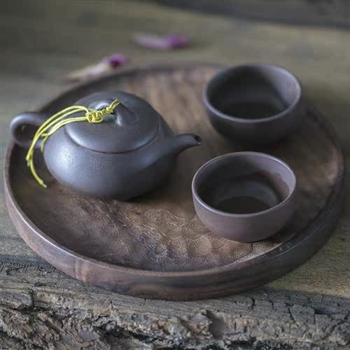 北美黑胡桃原木干泡台家用日式手工圆形整块茶具茶盘小型实木托盘