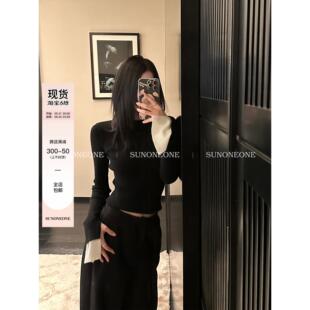 【现货】SUNONEONE 百搭拼接针织衫女夏季黑色修身设计感显瘦上衣