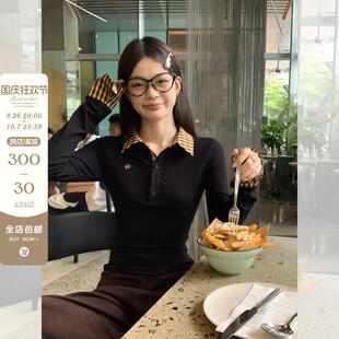 宋正恩格子假两件正肩长袖t恤女秋季修身polo领内搭打底衫小上衣