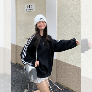 宋正恩三条杠蝴蝶结黑色卫衣女2024秋季新款宽松显瘦韩版上衣外套