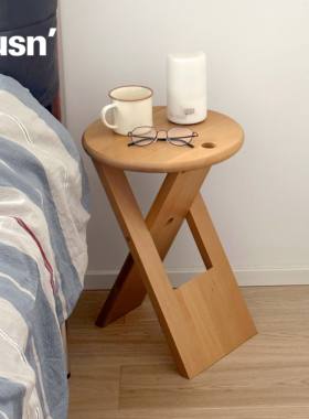 fusn复现·TS320折叠凳中古复刻实木卧室床头柜复古圆凳边角几