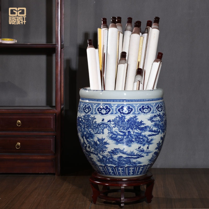 手绘景德镇陶瓷器青花瓷书画缸卷轴缸字画收纳筒书房落地摆件花瓶
