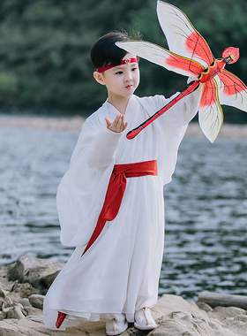 汉服儿童演出服古装中国风男童春秋交领女孩白色超仙侠国学表演服